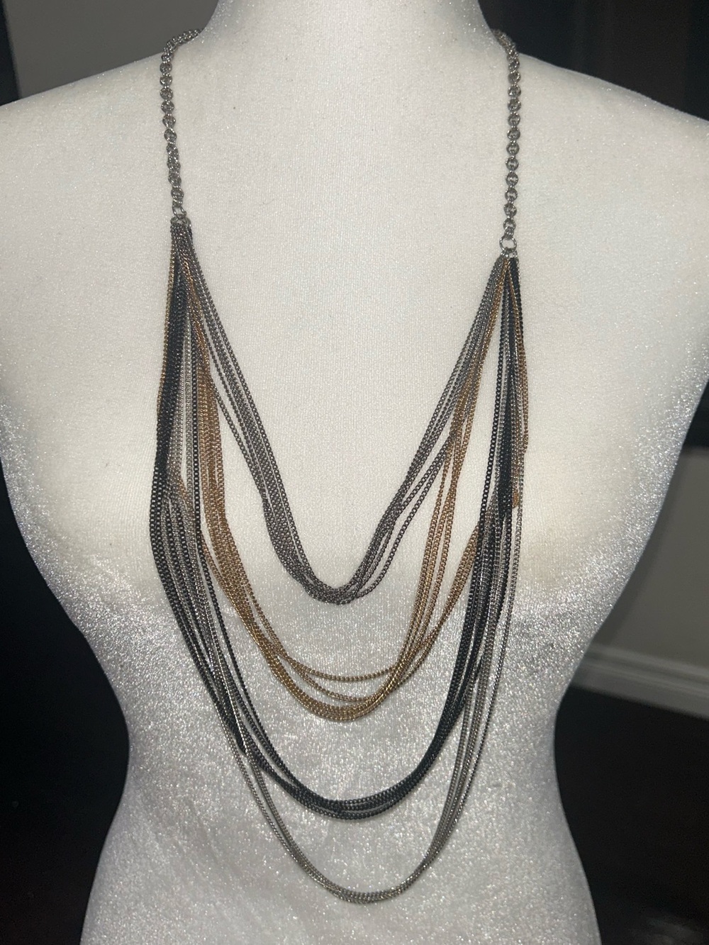 Multi-Strand Black silver Gold Layered Necklace Women Jewelry stack chains 19”